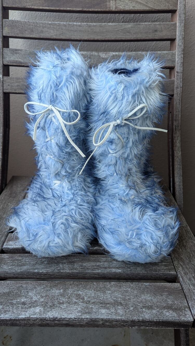 💜Blue Shaggy Faux Fur Faux Lace-Up Bootie Slippers XL